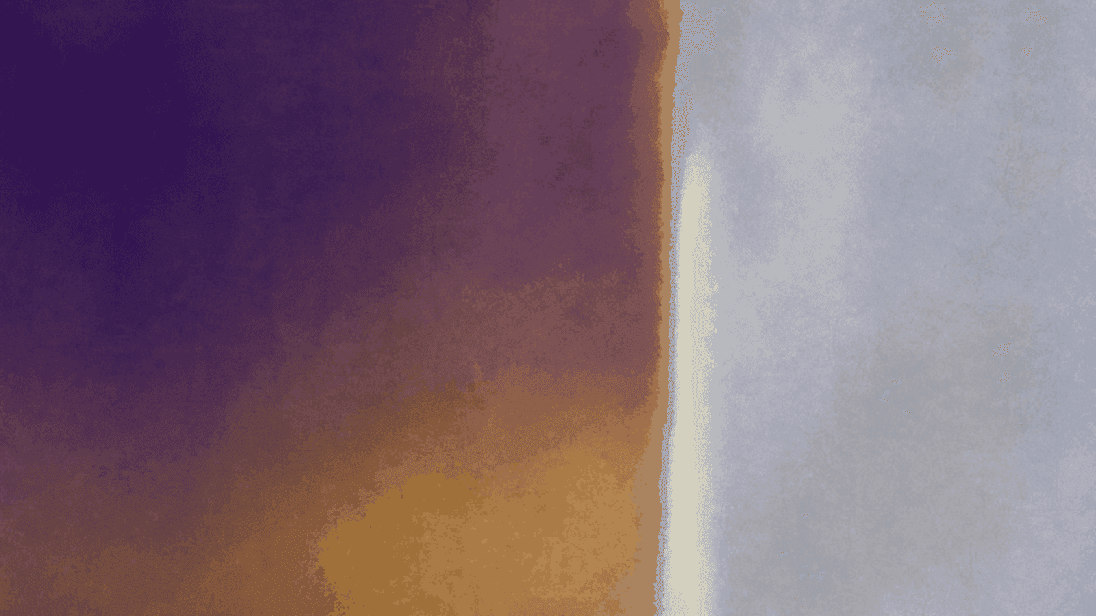 Abstract soft-focus colour field of deep aubergine and ochre, split by a pale seam where the wash breaks and a cooler grey field begins