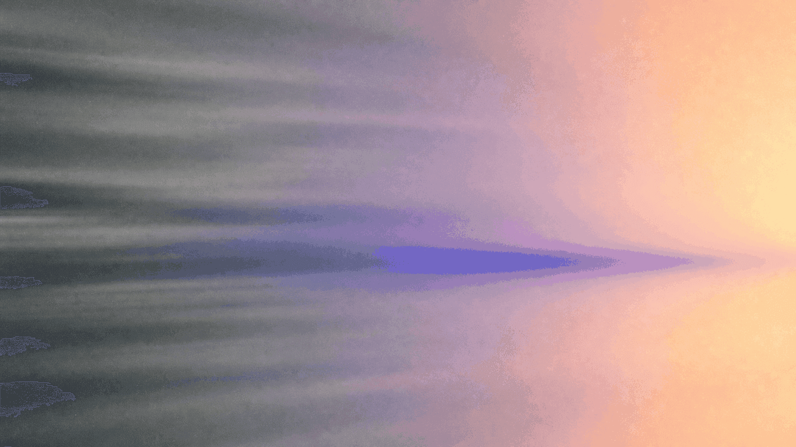 Abstract soft-focus colour field: dozens of crowded pewter grey and sage streaks sweeping in from the left and dissipating into flat haze before they cross the frame, while a single narrow vector of saturated cobalt violet holds its line all the way to the right edge and flares into warm apricot light