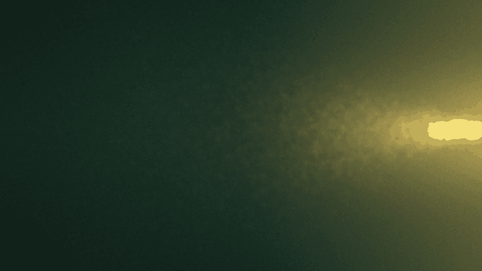 Abstract soft-focus colour field: scattered dim flecks of warm ochre and cream spread thin across a deep moss and pine green ground on the left, gathering and converging rightward into a single dense luminous band of cream where the particles resolve into one continuous stream